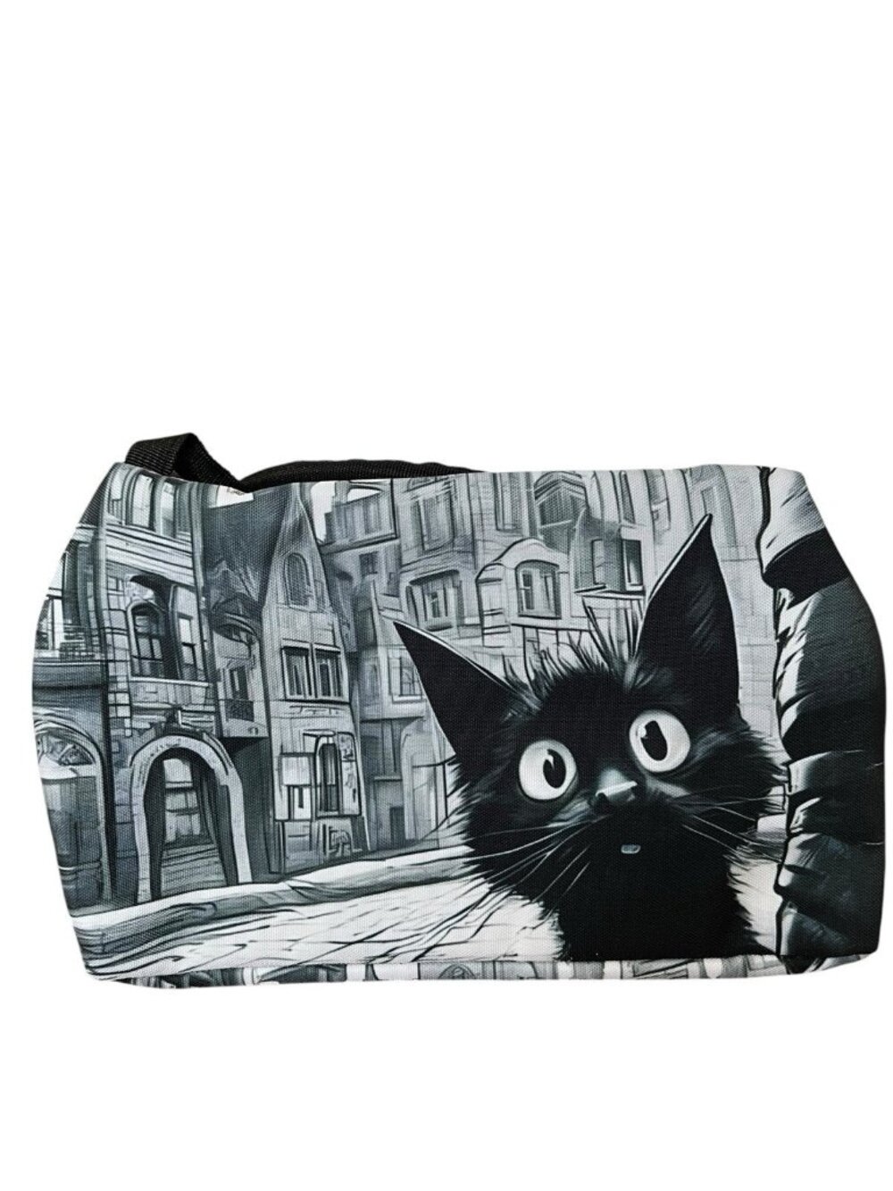Black Cat Big Eyes Lunch Tote Bag Insulated Double Handles Zips New - Picture 5 of 8